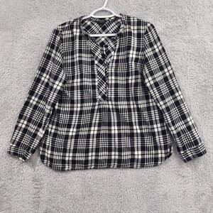 Talbots Top Women's LP Large Petite Black White Popover Plaid Long Sleeves